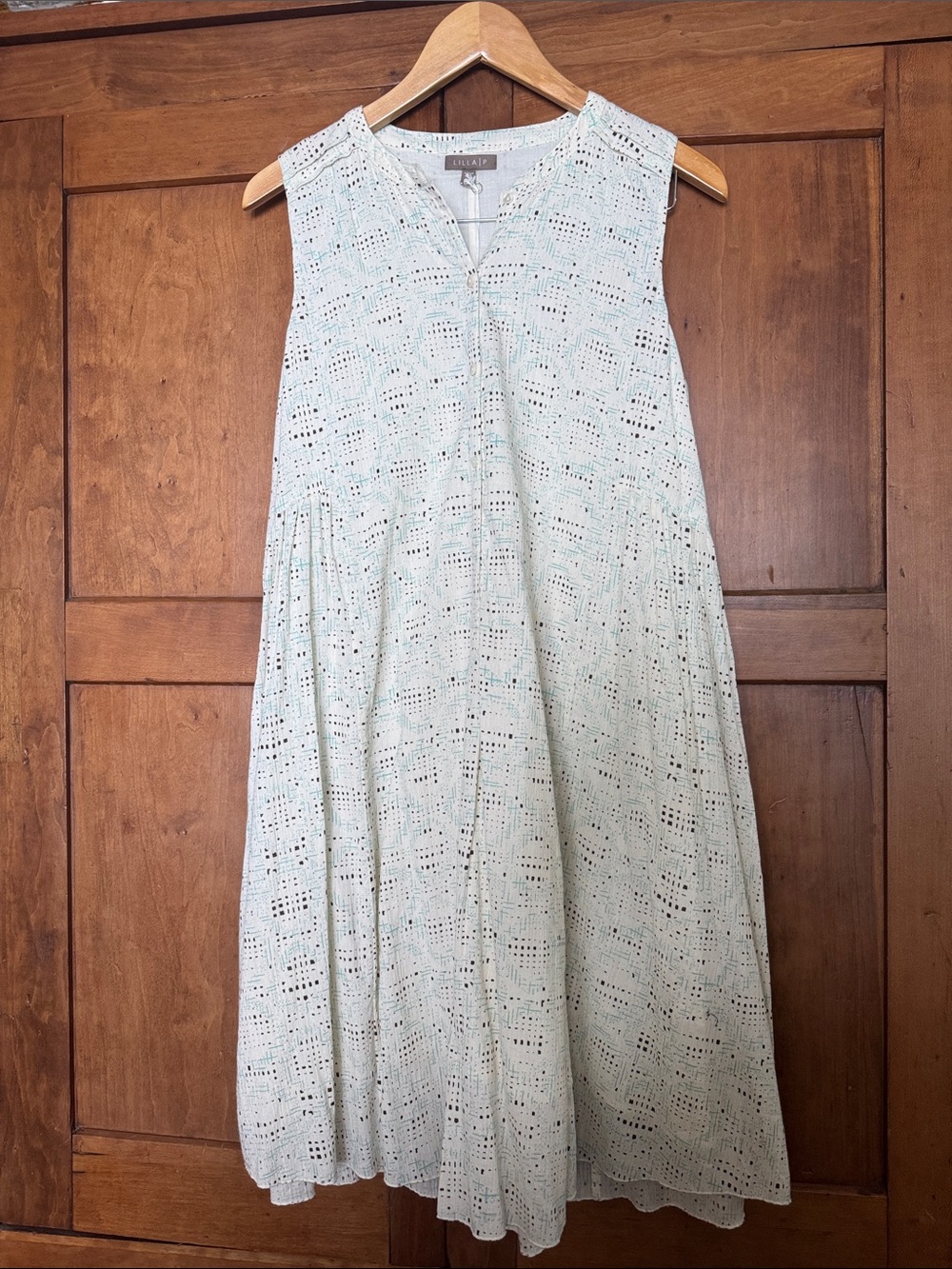 Lilla P Sleeveless Midi Dress - Pale Blue on Cream Geometric Print
